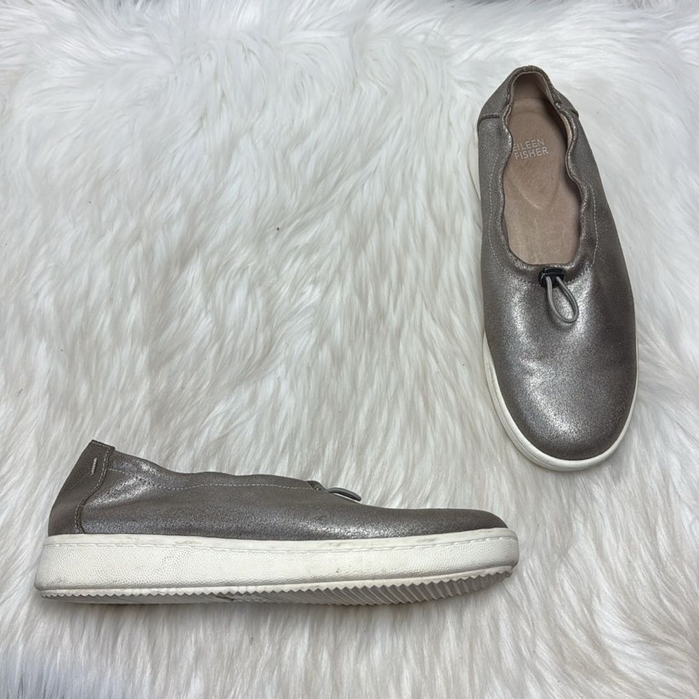 Eileen Fisher Sydney Women's Washed Leather Metallic‎ Slip-On Sneakers Sz 8.5